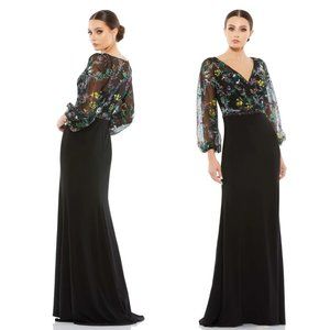 Mac Duggal | EMBROIDERED ILLUSION PUFF SLEEVE COLUMN GOWN